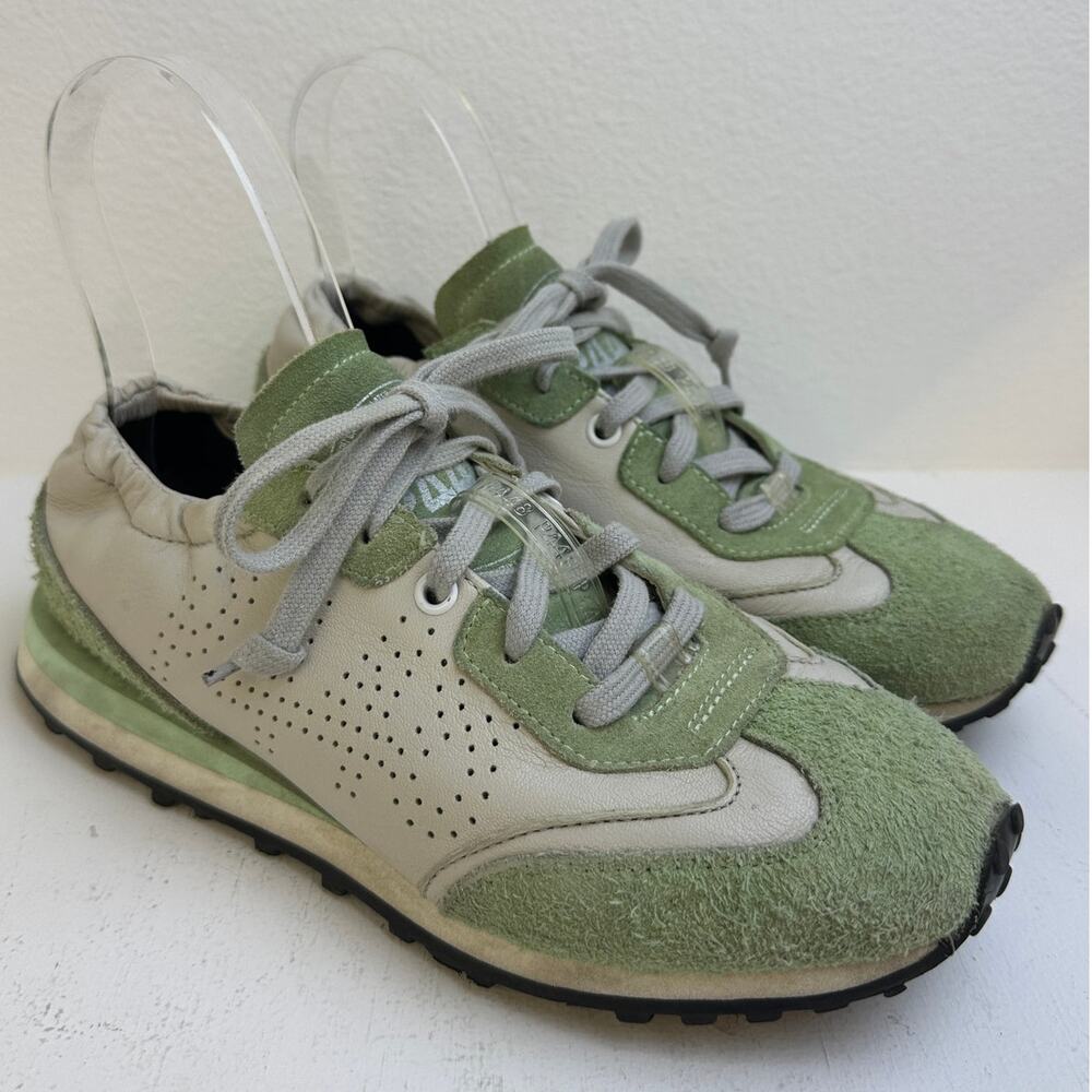 P448 John Sage Green & Cream Suede Leather Low-Top Sneakers Women's Size 38